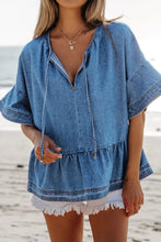 Tie Neck Ruffled Half Sleeve Denim Top Woman Denim Tops