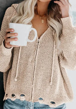 Distressed Zip Up Drawstring Hooded Cardigan Woman Outerwear