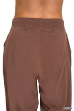 Brown soft textured zenana drawstring cotton joggers with ribbed elastic waistband and pockets