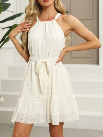 Tied Frill Sleeveless Mini Cami Dress Cream Casual Dresses