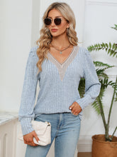 Lace Detail V-Neck Ribbed Blouse Misty Blue Woman Blouses