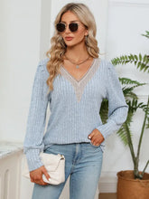 Lace Detail V-Neck Ribbed Blouse Misty Blue Woman Blouses