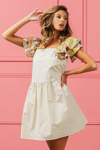 BiBi Flower Embroidered Floral Print Sleeve Dress OATMEAL Casual Dresses