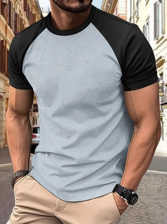 Men's Full Size Round Neck Contrast T-Shirt Plus Size Gray