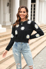 Angel Wings Flower Pattern Round Neck Short Sleeve Pullover Sweater Black