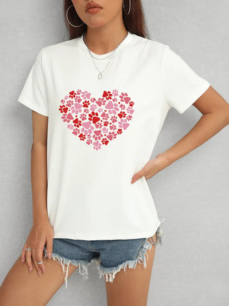 Heart Round Neck Short Sleeve T-Shirt White