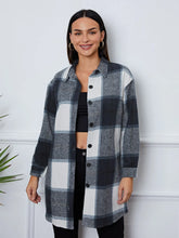 Plaid Button Up Collared Neck Outerwear Dark Blue