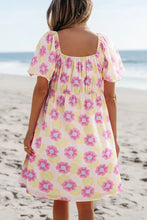 Floral Square Neck Puff Sleeve Pleated Flared Midi Dress Woman Casual Dress