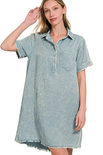 Zenana Tencel Mineral Washed Collared Shirts Dress BLUE GREY