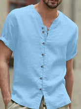 Men's Full Size Casual Linen Button-Down Short Sleeve Shirt Plus Size Sky Blue