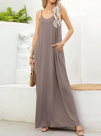 V-Neck Maxi Cami Dress with Pockets Mocha