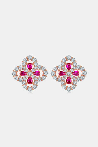 925 Sterling Silver Lab-Grown Ruby Flower Shape Stud Earrings Silver One Size