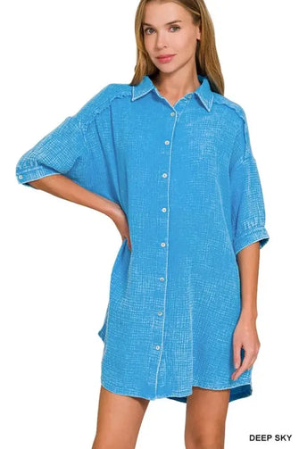 Zenana Washed Double Gauze Button Down Shirt Dress DEEP SKY Casual Dresses