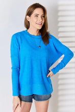 Zenana Ribbed Trim Round Neck Long Sleeve Top Ocean Blue