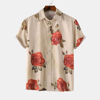 Men's Rose Print Short Sleeve Button Down Shirt Tan