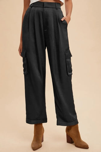 Annie Wear Wide Leg Cargo Satin Pants Black