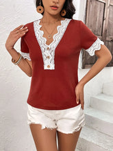 Ivy Lane Lace Detail V-Neck Short Sleeve T-Shirt Burgundy