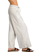 Heather gray wide leg zenana scuba drawstring pants with elastic waistband and adjustable drawstring closure