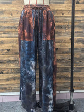 Full size tie-dye wide leg casual pants in brown and navy with drawstring waistband for plus size comfort