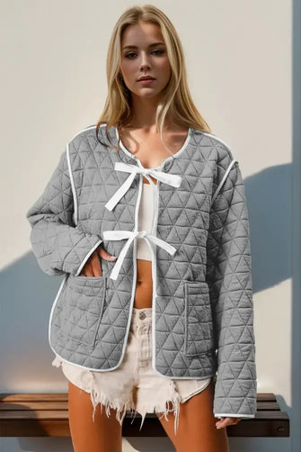 Double Take Contrast Trim Tie Front Quilted Jacket with Pockets Gray Casual Dresses