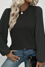 Ribbed Round Neck Long Sleeve Knit Top Black Woman Blouses