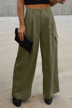 Olive green ruched wide leg pants with cargo pockets designed for comfortable casual wear