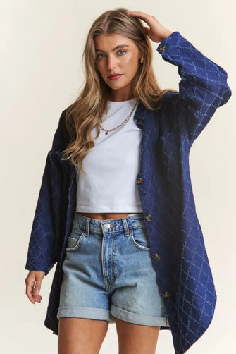 J.NNA Rhombus Stitched Button Up Denim Shacket Dark Denim Woman Outerwear