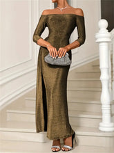 Slit Off-Shoulder Long Sleeve Midi Dress Gold