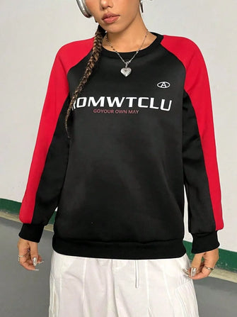 Letter Graphic Round Neck Long Sleeve Sweatshirt Black