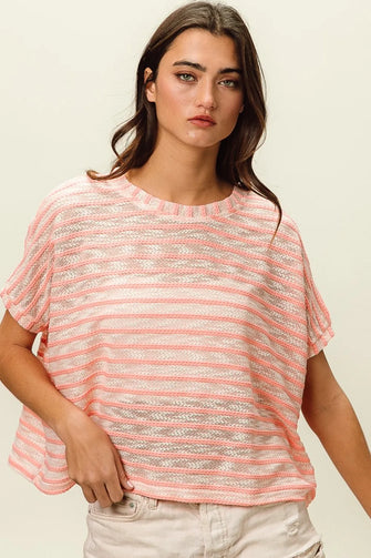BiBi Braid Striped Short Sleeve Round Neck T-Shirt Pink