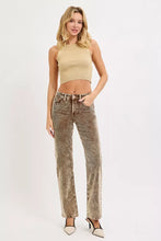 Beige snakeskin-patterned tummy control mid rise corduroy pants with a high-rise straight leg fit