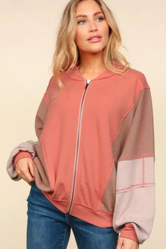 Haptics Zip Up Color Block Bomber Jacket with Side Pockets Sienna Camel Sand Woman Outerwear
