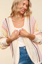 Haptics Full Size Striped Crochet Open Front Cardigan Oatmeal Coral Yellow Woman Outerwear