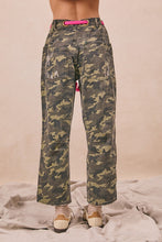 BiBi braided waist belt patch pockets camouflage print pants in faded green and brown denim with a bright pink belt loop
