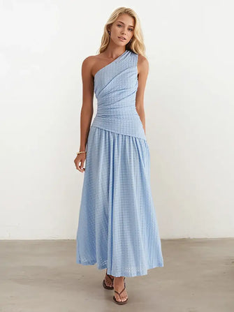 Textured Single Shoulder Dress Light Blue Casual Dresses