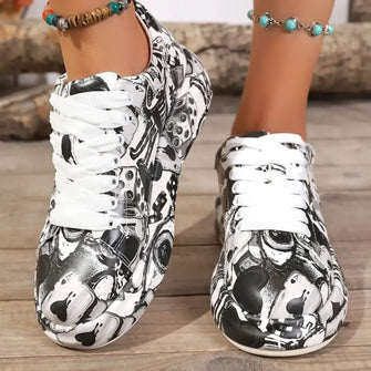 Abstract Print Lace Up Sneakers Black Woman Sneakers