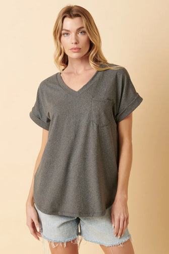 Mittoshop Full Size V-Neck Rolled Short Sleeve T-Shirt Charcoal Woman T Shirts