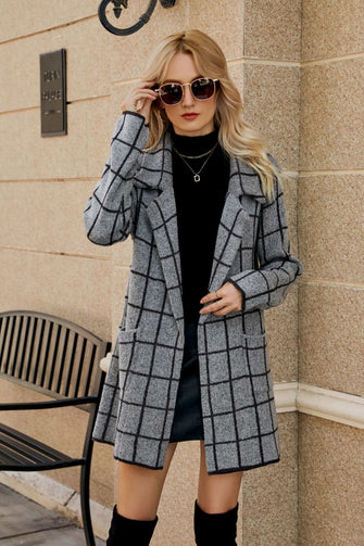 Printed Open Front Lapel Collar Cardigan with Pockets Gray