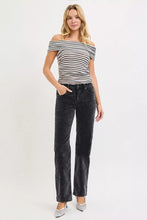 Black corduroy pants with tummy control mid rise and straight leg cut offering comfortable fit and style