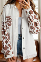 Raw Hem Animal Print Long Sleeve Denim Jacket White