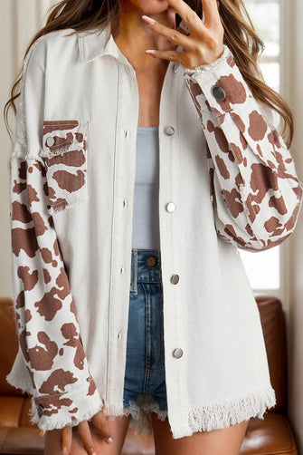 Raw Hem Animal Print Long Sleeve Denim Jacket White