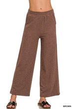 Brown wide leg pants in soft cotton slub knit with an elastic waistband from Zenana for comfortable wear