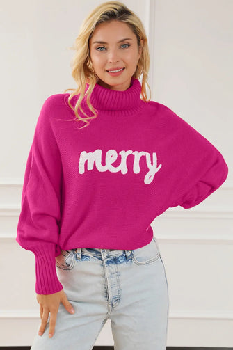 Merry Letter Embroidered High Neck Sweater Deep Rose