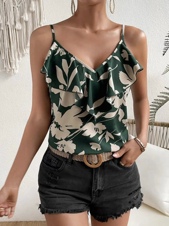Ruffled Printed V-Neck Cami Dark Green