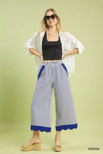 Umgee stripe scallop wide-leg pants in blue and white stripes with scallop hem wide trim for a stylish look