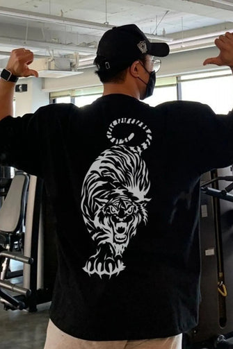 Men's Plus Size Tiger Round Neck Short Sleeve T-Shirt Black