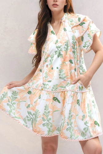 Floral Tie Neck Layered Short Sleeve Dress Sherbet