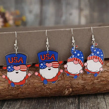 Four pairs of patriotic acrylic gnome dangle earrings