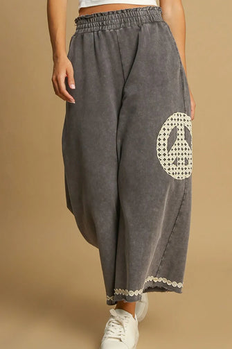 Umgee Full Size Peace Lace Applique Mineral Wash Wide Leg Pants Plus Size CHARCOAL