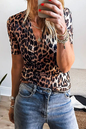 Leopard Wrapped V Neck Slim Short Sleeve Top Leopard